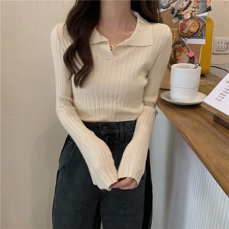 POLO LONG SLEEVE WANITA RAJUT LENGAN PANJANG/ POLO ATASAN RAJUT WANITA TERBARU