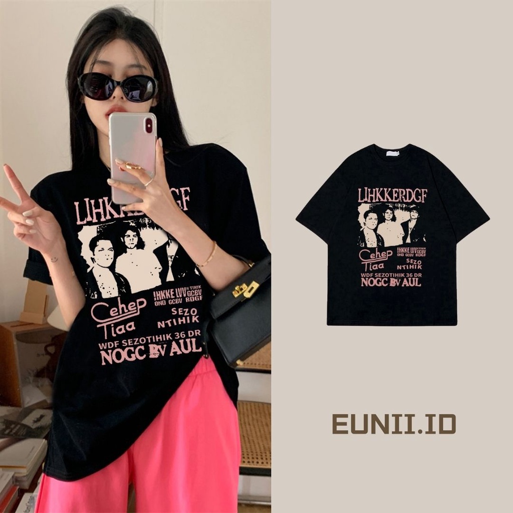 EUNII T-shirt Lengan Pendek Retro Hip-Hop Boy Korean Style/Kaos Atasan Wanita/Baju Kaus Oversize Wanita/Kaos Wanita