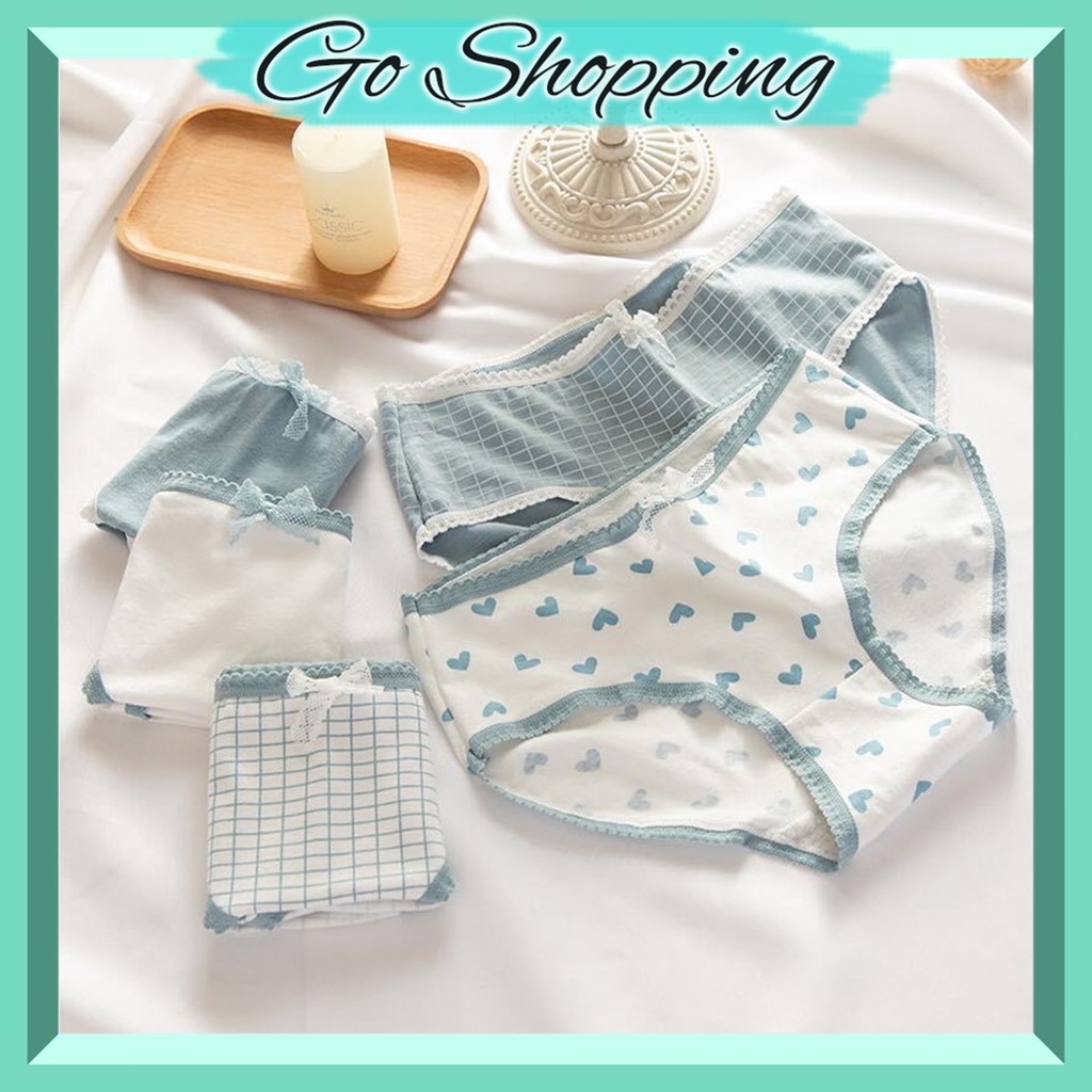 GO!CD1089 Cd Imut Fashion Jepang Celana Dalam Wanita Katun Import Mid Waist Motif Biru