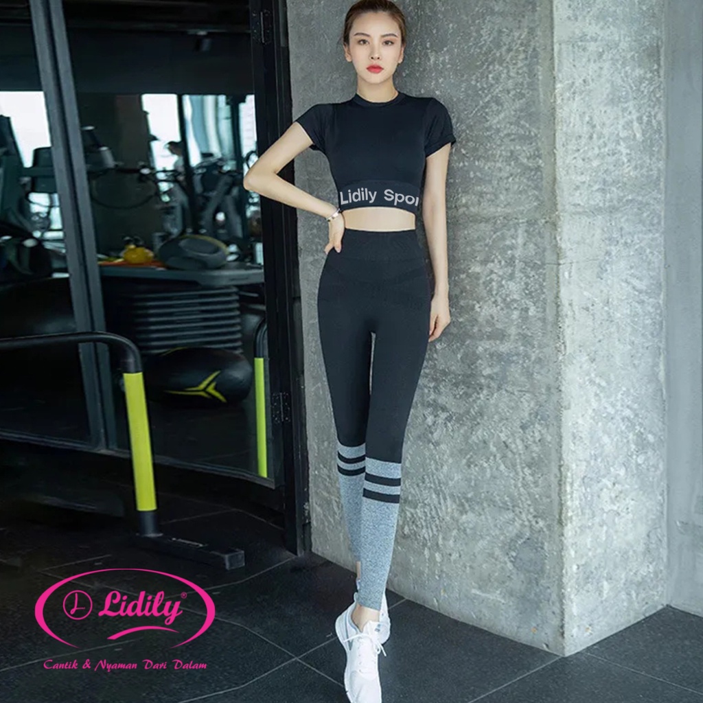 Lidily - Setelan Baju Olahraga | Crop Top + Legging Sport FREE BABY GOLD | Set Pakaian Senam Gym Jog