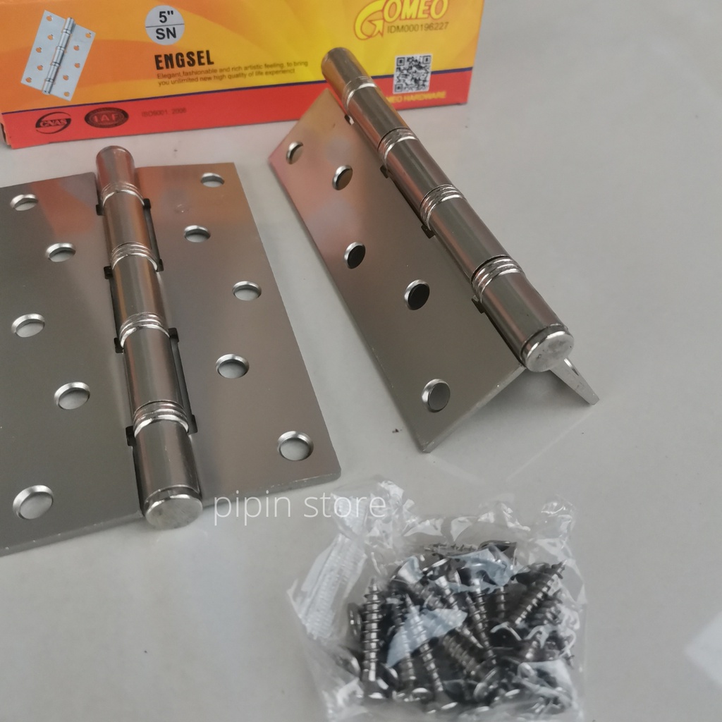 Paket 6 Biji Engsel Pintu Rumah 5 Inch Tebal Engsel Pintu Kayu Besar Jati Ulin 5&quot; Inc Gomeo Murah Satin Putih Crom Stainless Steel 1 Set