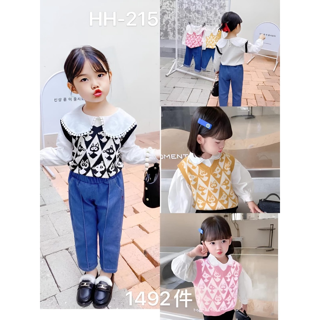 Setelan Import Anak Perempuan Model Baju Kaos Lengan Panjang Kombinasi Rompi Rajut & Celana Jeans Us