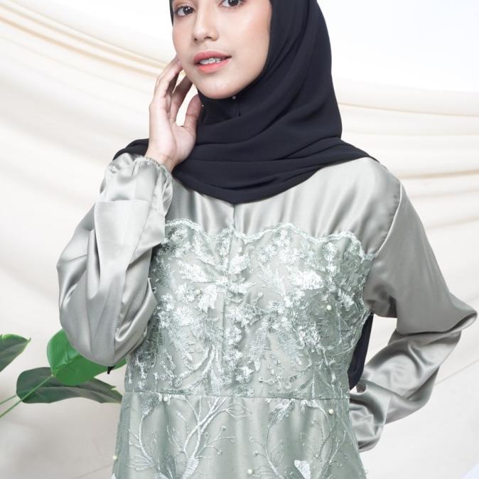 Gamis Brukat Seragaman Dress Brokat Tile Kombinasi Satin Warna Sage