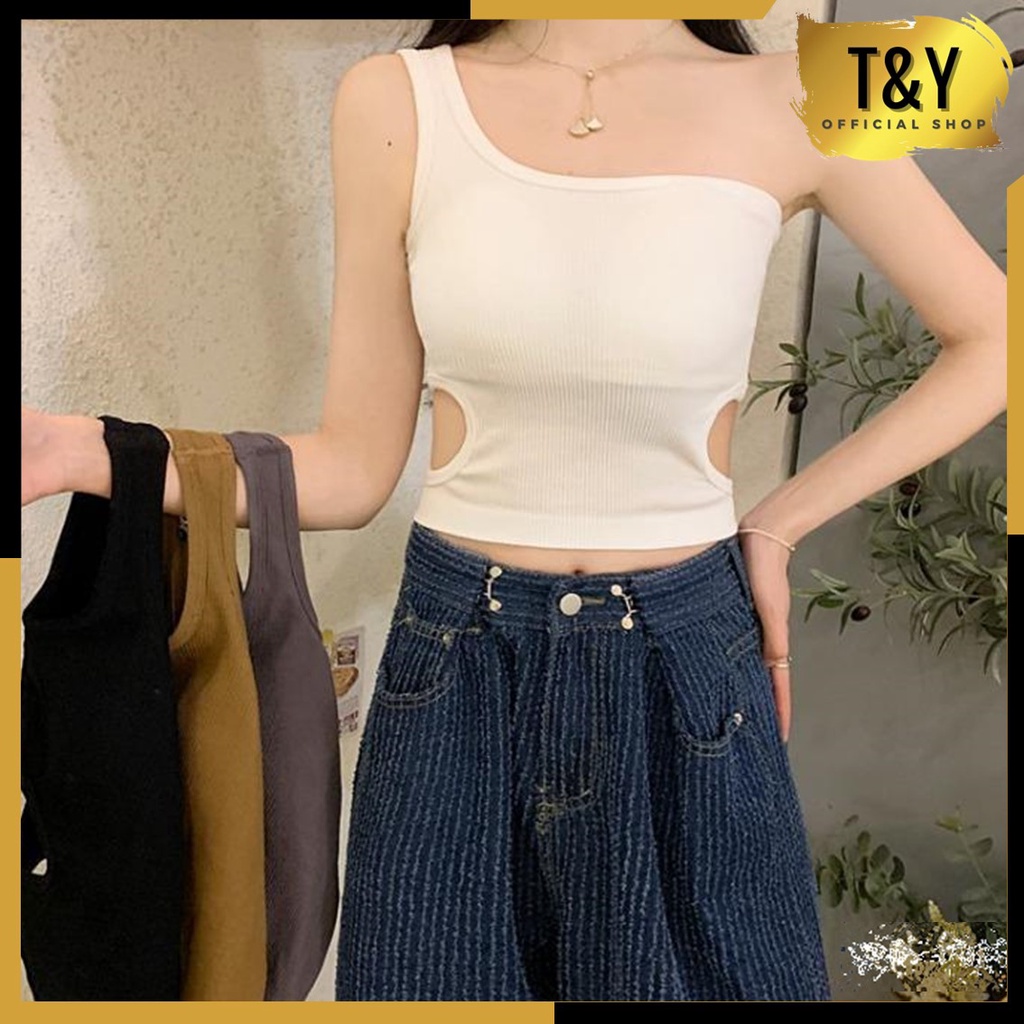 T&amp;Y Bra Sport Wanita Tanpa Kawat 6517 Lengan Satu Sexy Crop Top Elastis Bh Crop Ala Korea Pakaian Dalam Wanita Kekinian Murah Import