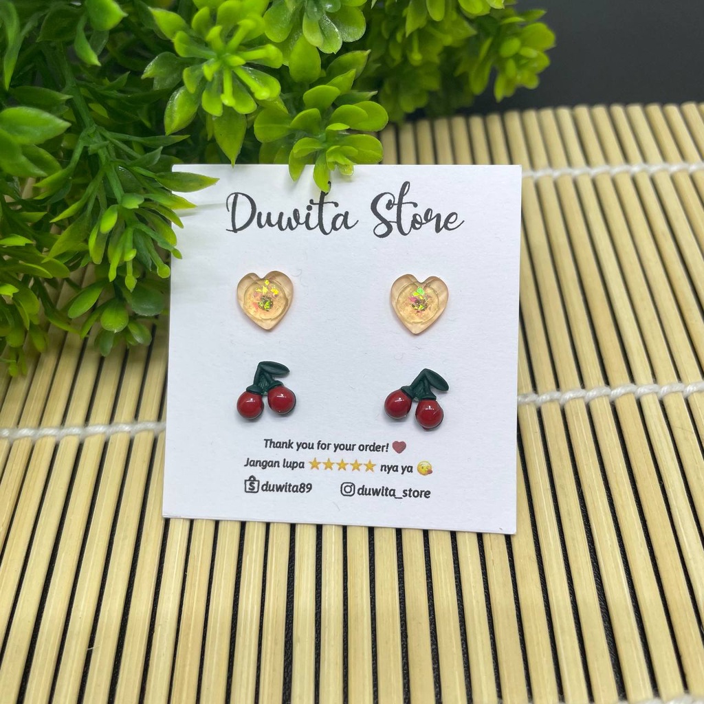 HANDMADE ANTING ANAK/DEWASA TUSUK PLASTIK MOTIF LOVE-CHERRY RED(BUNDLE)