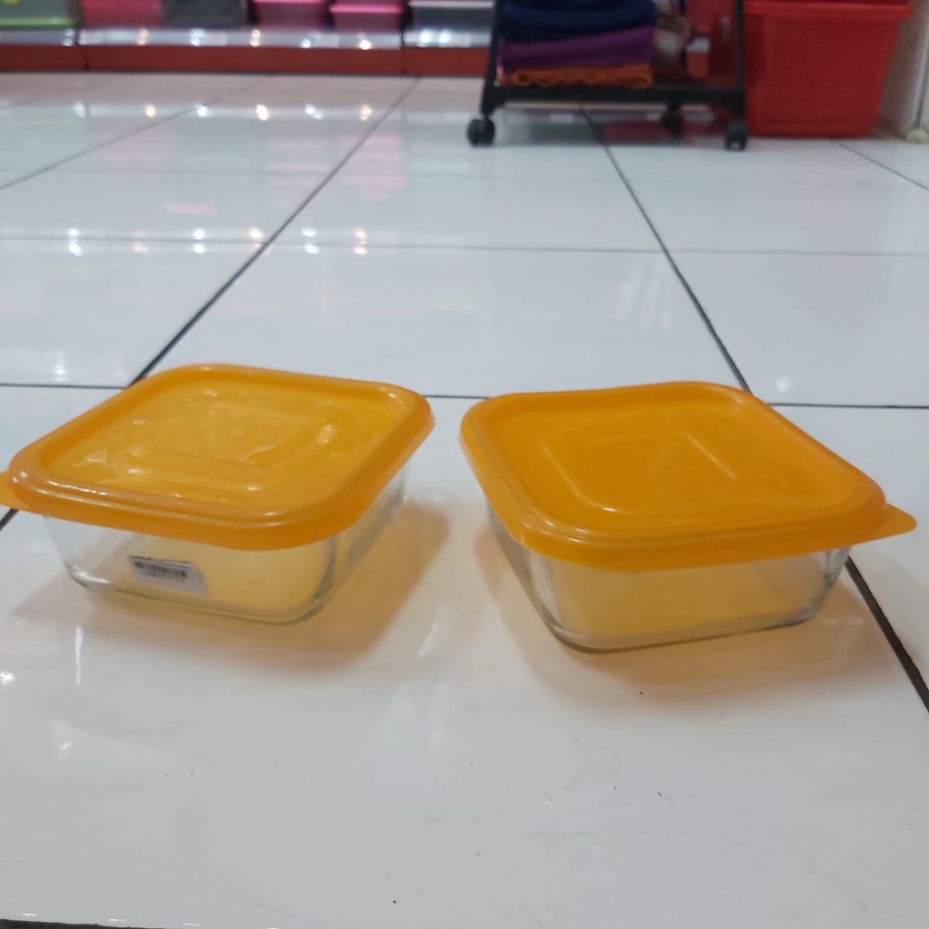 DM - Mangkok Mangkuk Kaca Kotak Segi Persegi Tebal + Tutup Plastik 15 cm | Kotak Bekal Lunch Box Kaca Tempat Penyimpanan Serbaguna