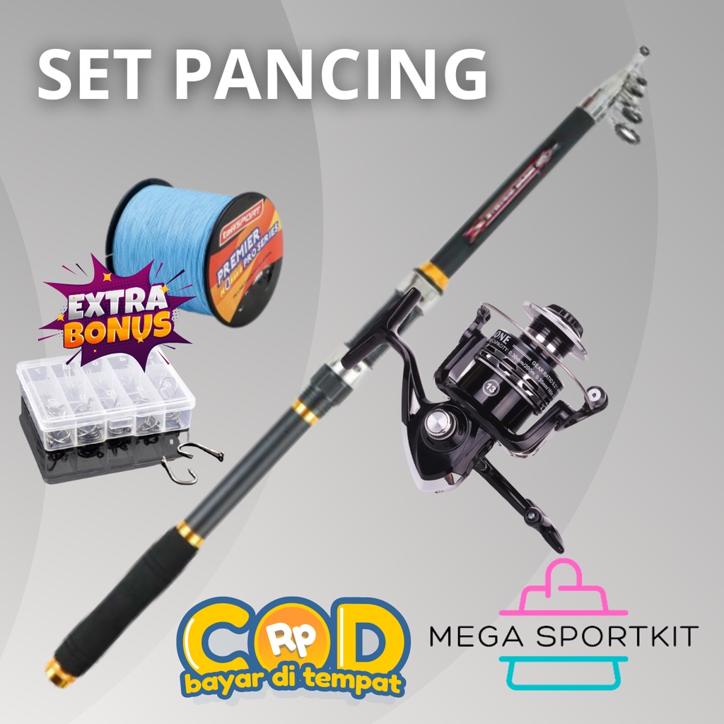 Paket Pancing Mania Joran Carbon Telescopik 210cm Reel Spinning 12 Ball Bearing DS2000 Satu Set Bonu