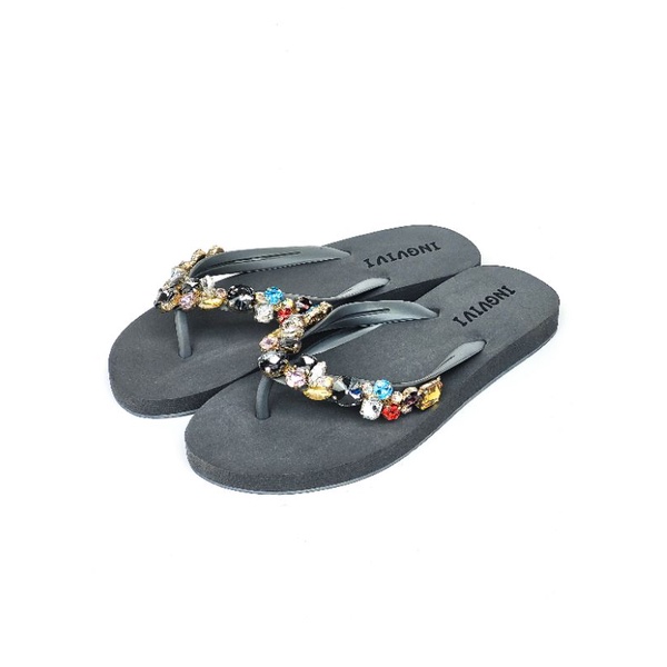 Ingvivi Swarovski Bulat Flat Sandal Jepit Wanita Karet Import Manik Berlian Motek