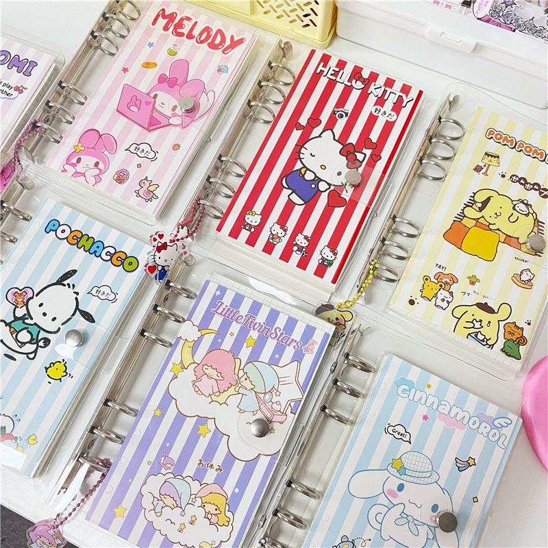 Buku binder A6 100 Halaman A6 Sanrio Notebook Set 6 Lubang Lepas DIY Diary Menulis Notepad Tulisan Tangan Lucu Perlengkapan Kantor