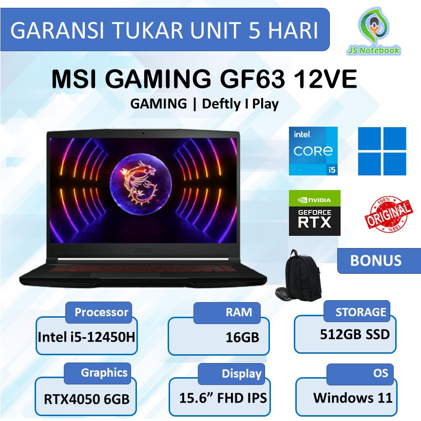 MSI THIN GF63 12VE RTX4050 6GB i5 12450H 16GB 512SSD WINDOWS 11 144Hz