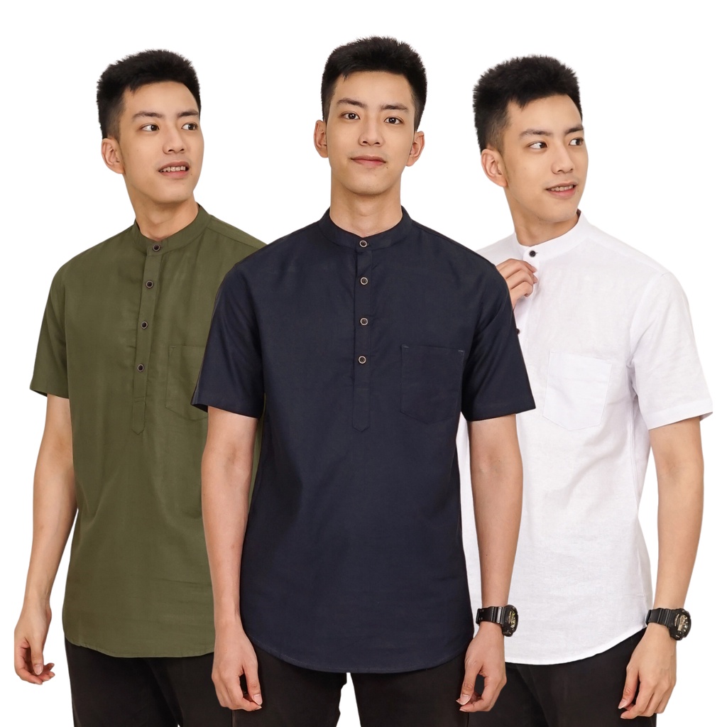 Kemeja Hem Koko Putih Polos Kerah Sanghai Slimfit Pria Dewasa Lengan Pendek Katun Distro Casual Pria