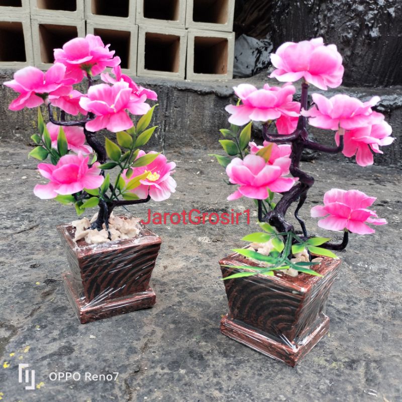 BUNGA PLASTIK + POT DAN BATU // BUNGA PLASTIK KAIN IMPORT+POT // BUNGA HIAS CAKAR DAUN 25CM