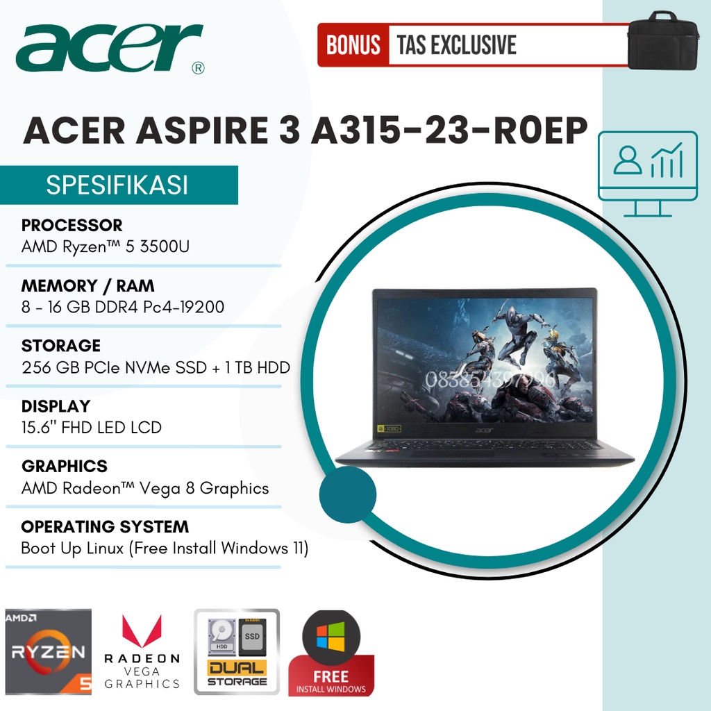 LAPTOP GAMING MURAH - ACER ASPIRE 3 A315-23-R0EP - AMD RZYEN 5 3500U - RAM 12GB - SSD 256GB + HDD 1 TB - AMD RADEON VEGA 8 - 15.6&quot; FULL HD - BLACK - FREE TAS LAPTOP + INSTALL WINDOWS 11