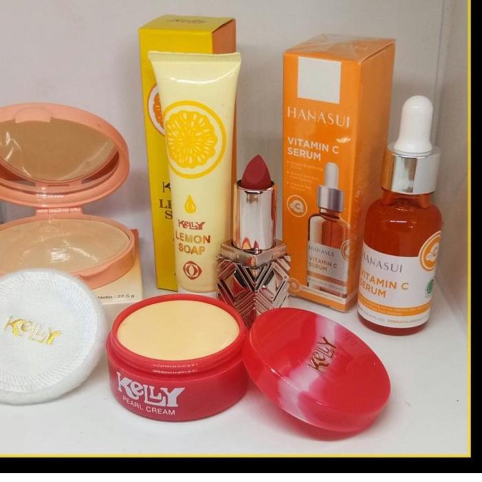 ➬ Paket Kecantikan 5IN1 - Bedak Padat Kelly - Kelly Lemon Soap - Kelly Pearl Cream - Hanasui Vit C S