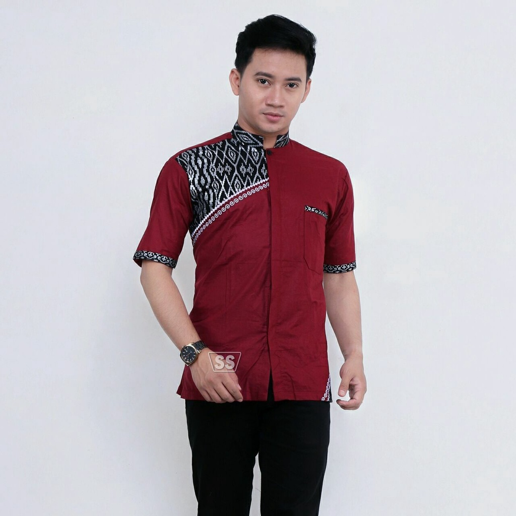 baju koko merah maroon pria dewasa batik veldanava pekalongan motif slempang