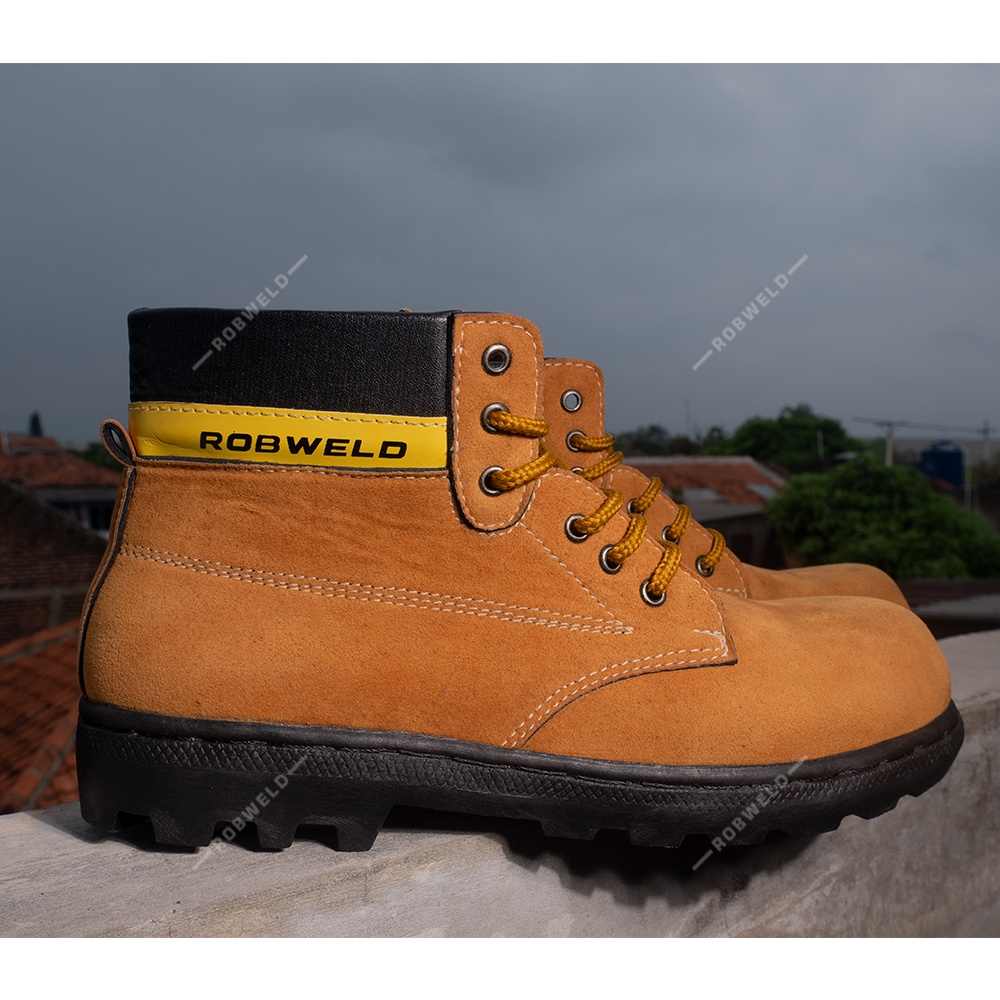 Sepatu Safety Pria Boots Ujung Besi Proyek Kerja Lapangan Robweld Warna Hitam - Tan - Cokelat