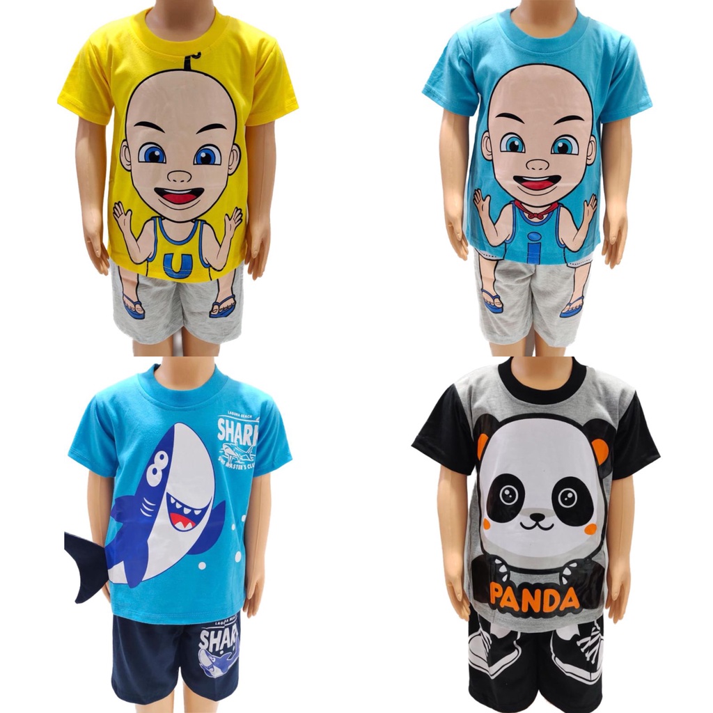 Pakaian Anak Laki-Laki Motif Shark Stelan Pendek Gambar Panda Baju Upin Ipin