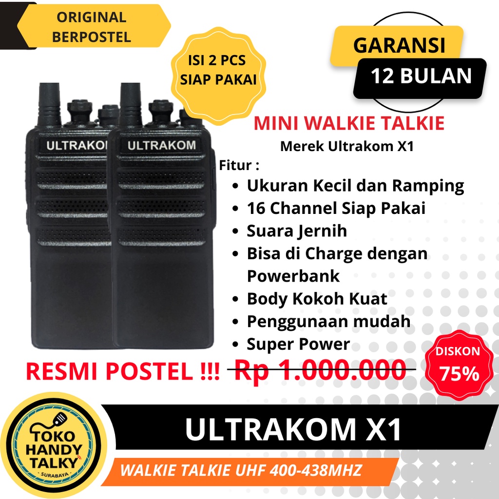 ULTRAKOM WALKIE TALKIE X1 UHF FM TRANSCEIVER NEW ORIGINAL GARANSI RESMI POSTEL