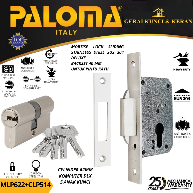 PALOMA MORTISE LOCK CYLINDER MLP 622 CLP 514 BODY KUNCI SLIDING 40MM CYLINDER 62MM KOMPUTER KEY SN