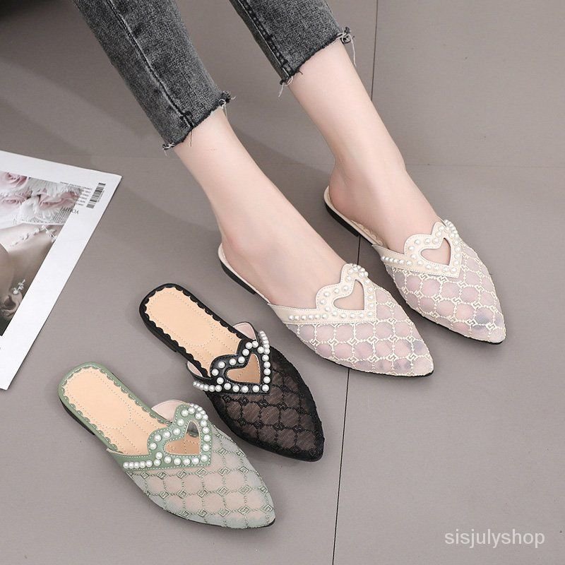 [✅BISA COD] #Sisjuly# Sandal wanita jala bernapas sepatu datar seratus mutiara runcing paket kepala