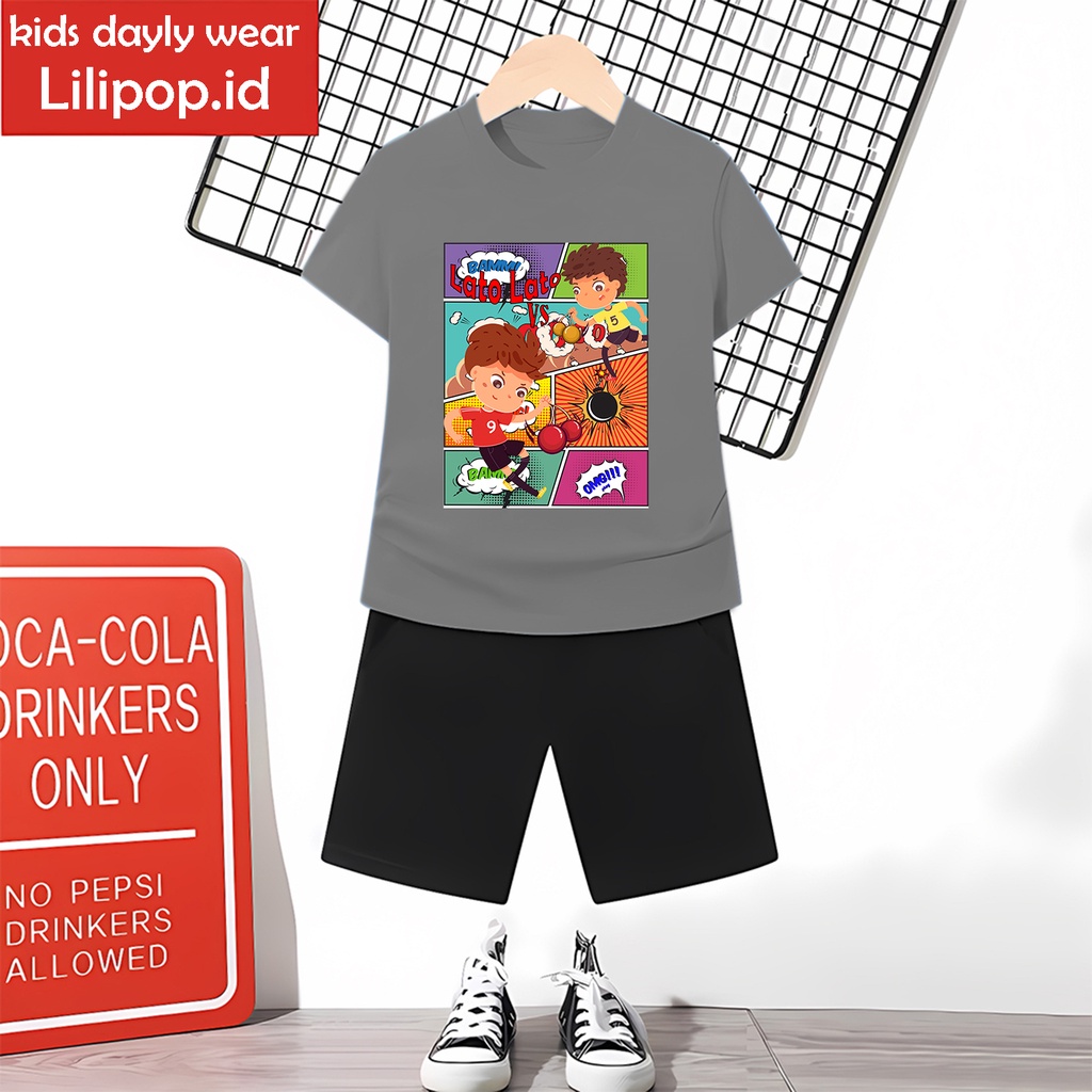 Baju Anak Stelan Kaos 3/4 Hero Lato Latto Cowok Cewek  Usia 1 - 4 Tahun Celana Pendek Harian