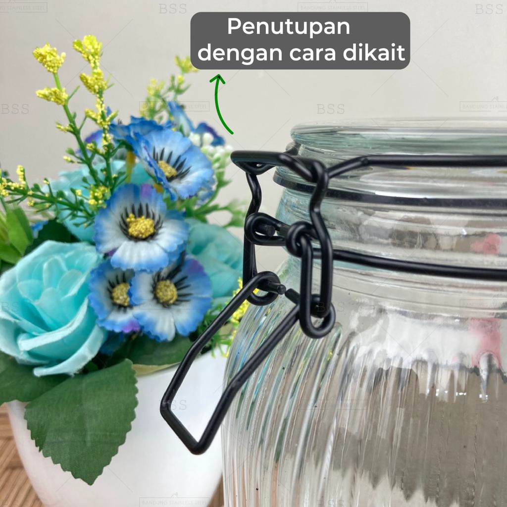 Toples Kaca Aesthetic Ripple 1.4L 1.9L Wadah Bumbu Makanan Camilan Kue Kering Lebaran Kedap Udara Glass Jar Tutup Kait