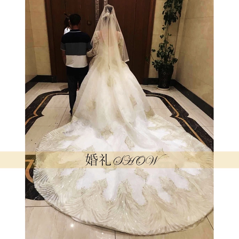 Gaun pengantin lengan panjang Women Champagne Long Sleeve Bridal Dress Handmade Beaded Glitter Bling Long Tail Wedding Ballgown