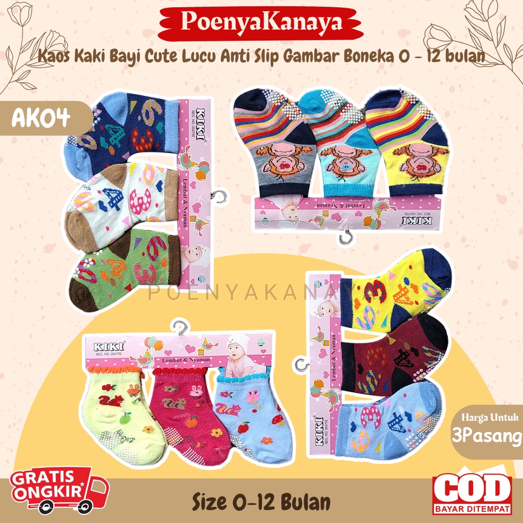 3Set Kaos Kaki Bayi Cute Lucu Anti Slip Gambar Boneka 0 - 12 bulan AK04