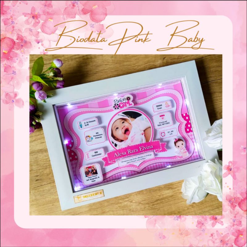 CETAK BINGKAI BIODATA BAYI BARU LAHIR / BIODATA ANAK 35x25cm BINGKAI KACA 3D + LAMPU LED MURAH