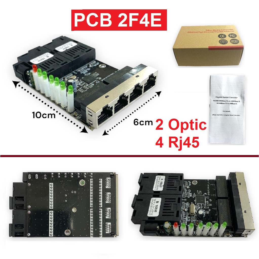 PCB Media Converter Fiber 2 FO SC Port 4 LAN Rj45 Optik Optical 6 SC 2 RJ45 Transceiver Ethernet Switch 4 Port dengan Adapter