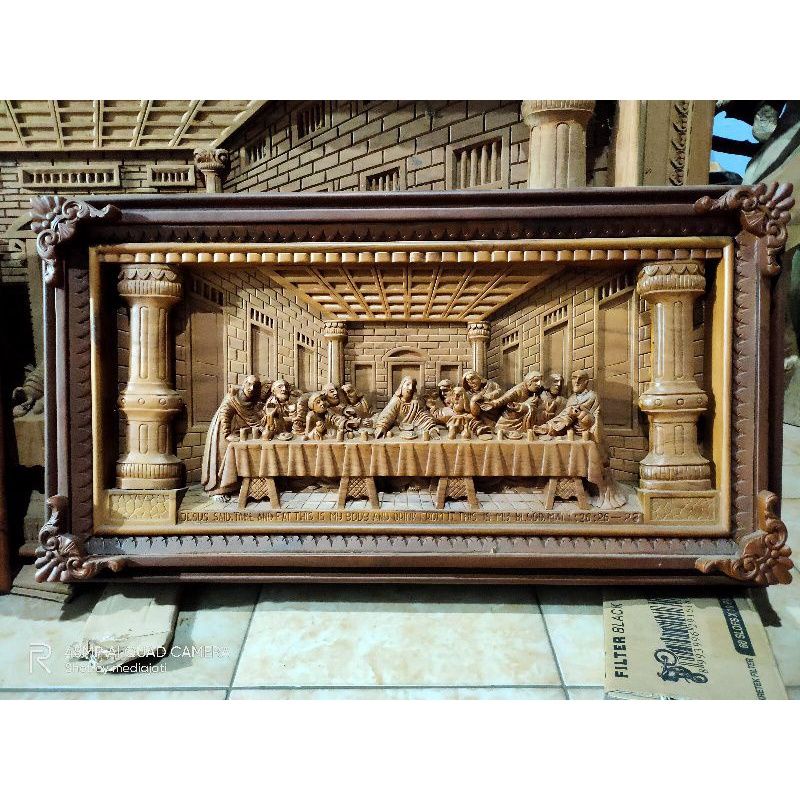 perjamuan kudus ukir yesus kristen kayu jati pahat relief sambayang furniture hiasan dinding ruangan