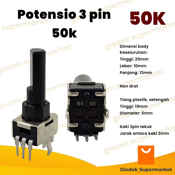 Potensio 3 pin 50k Mono Kaki 3 Tekuk Segi Hitam 503