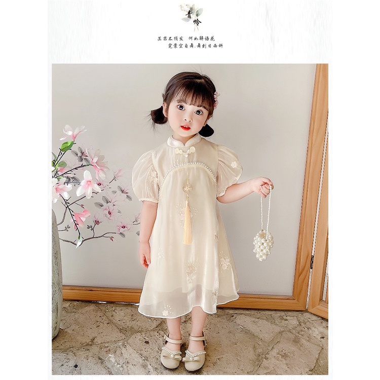 Dress Cheonsam Anak Perempuan Import Bunga Mutiara Brokenwhite