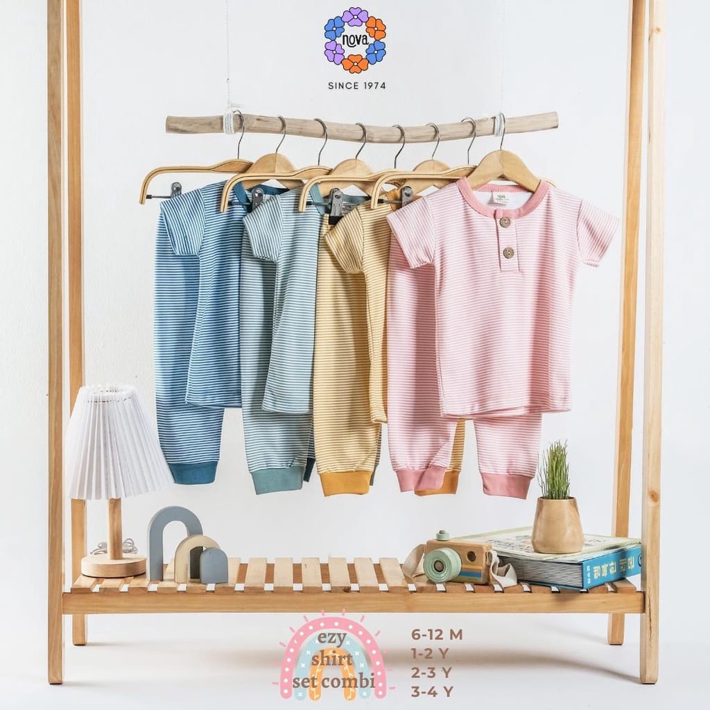 Ezy Shirt Set Combi Stripe Series Nova Baby Setelan Baju Pendek Celana Panjang Bayi Newborn Motif Garis Salur 6 Bulan - 4 Tahun