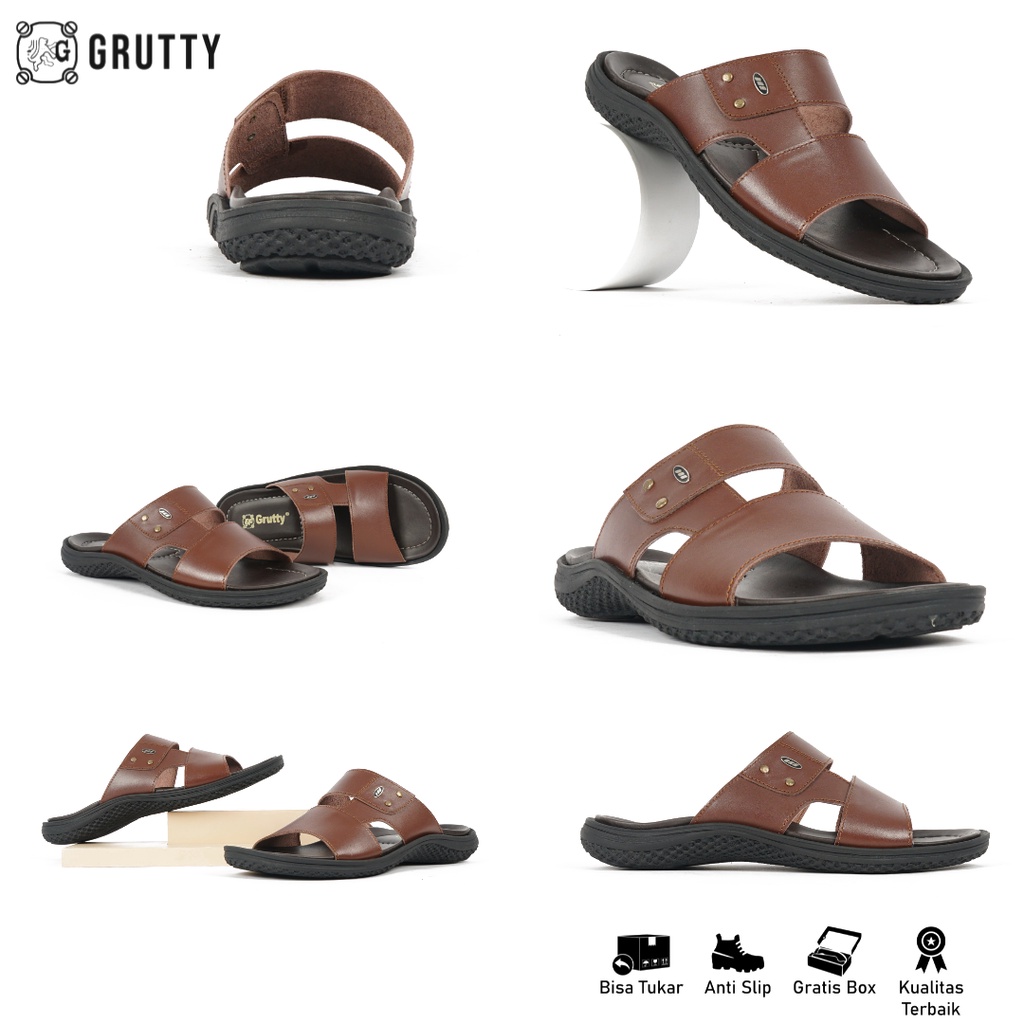 GRUTTY Sandal Pria Sendal Slide Kulit Asli Coklat 232