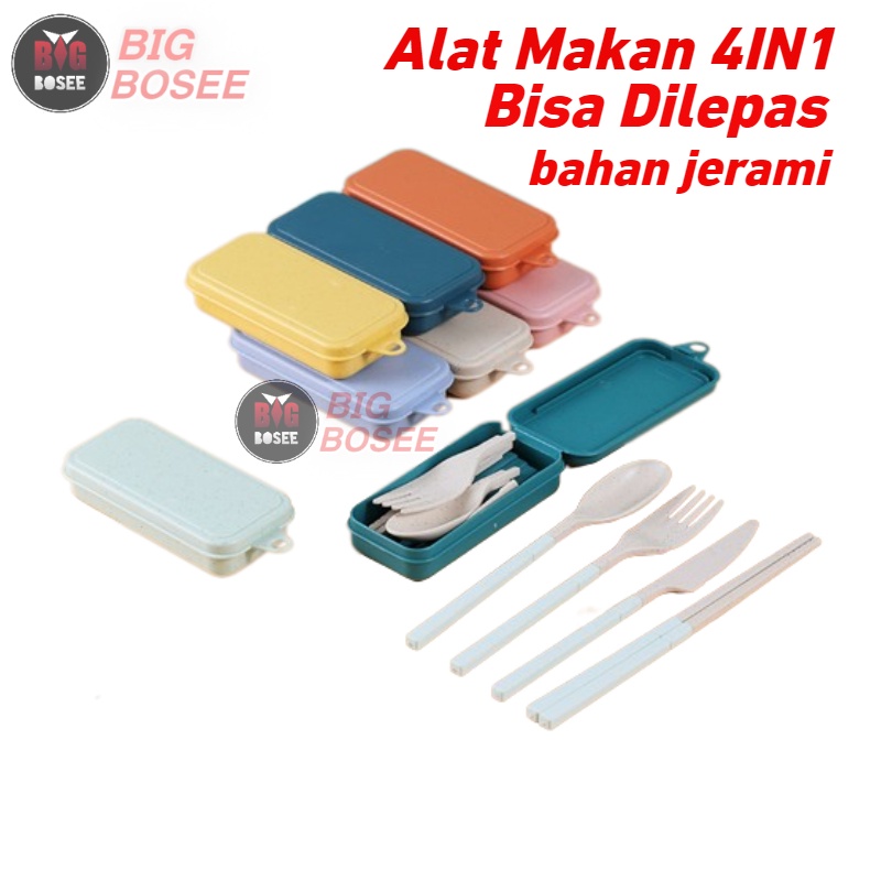 BB7 - Alat Makan Set 4IN1 Sendok Garpu Pisau Sumpit Bisa Dilipat Bahan Jerami Ganduk