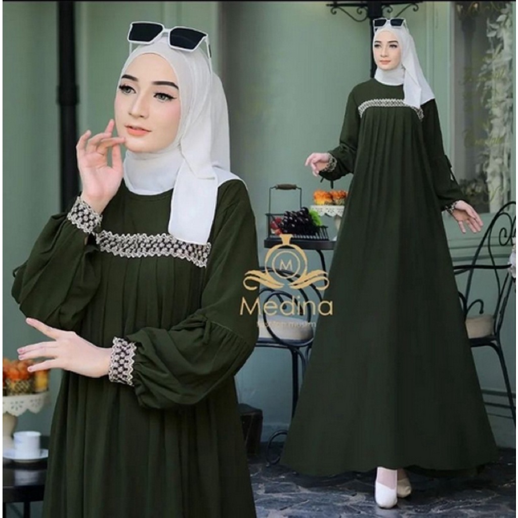 Gamis medina renda kringkel airflow terbaru dan terlaris medina dress resleting belakang