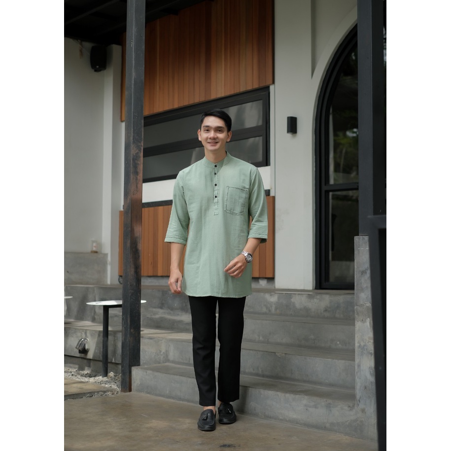 Baju koko kurta dewasa lengan 3/4 bahan linen premium original warna sage mint