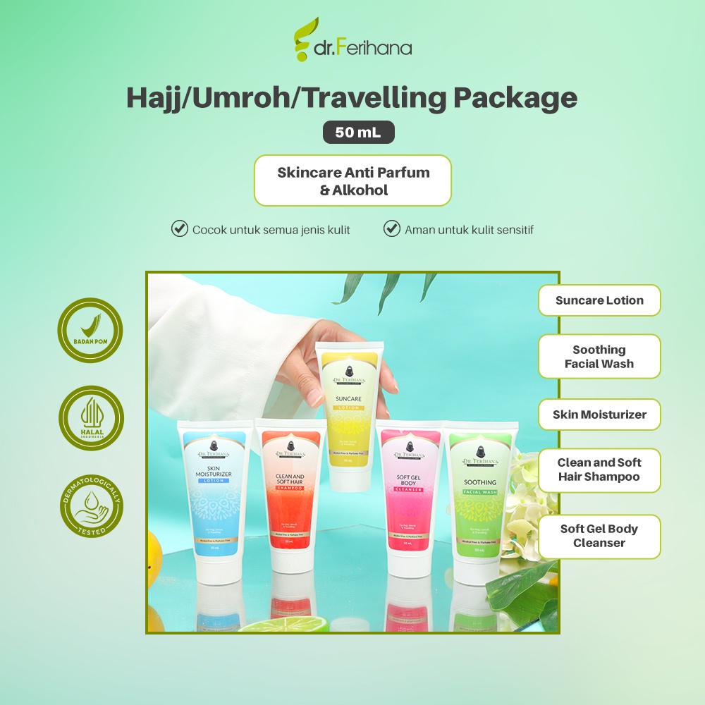 Dr. Ferihana Paket for Hajj, Umroh, Travelling (Suncare Lotion &amp; Soothing Facial Wash &amp; Skin Moisturizer &amp; Clean and Soft Hair Shampoo &amp; Soft Gel Body Cleanser) Perawatan Kecantikan Original BPOM