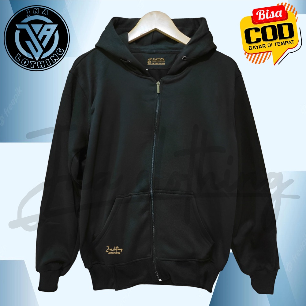 Jaket Sweater Hoodie Zipper Resleting Tebal Polos Warna Hitam M L XL XXL Pria Wanita Quality Premium Distro JNA Clothing