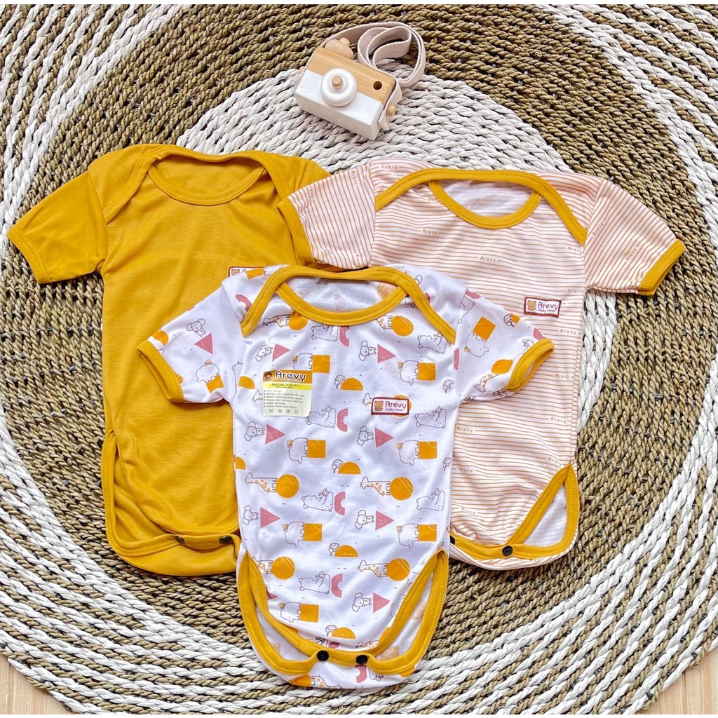 Bodysuit / Jumper Pendek / Baju Kodok Bayi Segitiga Arevy Babywear 3 Pcs Seri Mustard 0-6 Bulan Katun Best Seller Baby Newborn