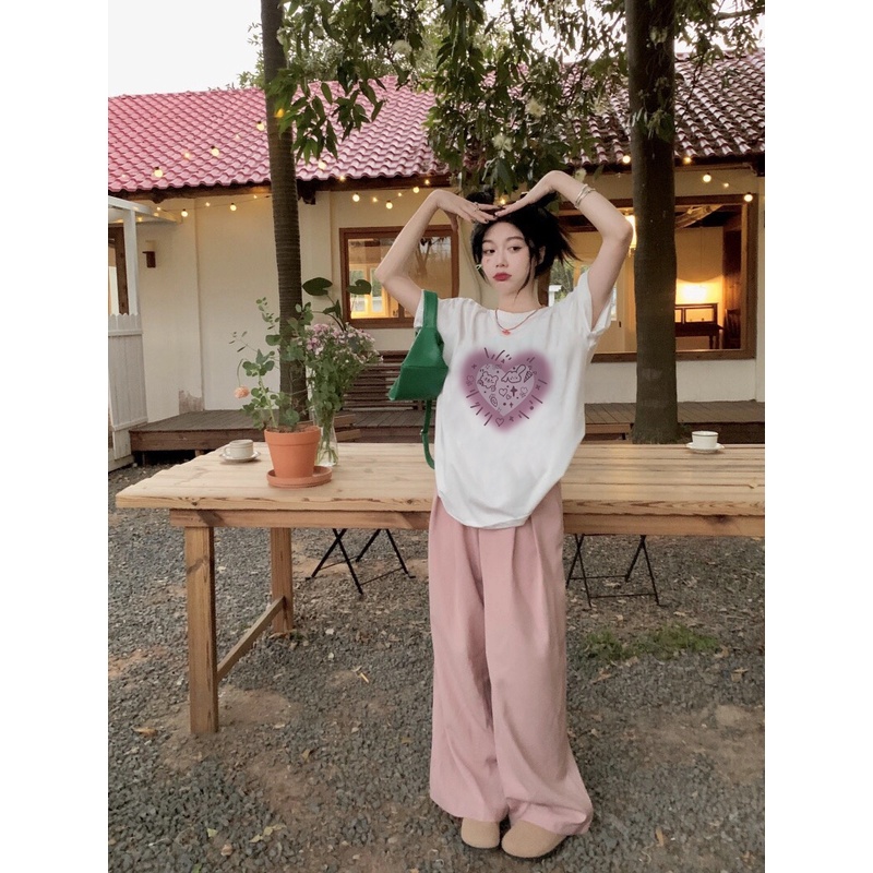 EUNII T-shirt Lengan Pendek Cartoon Pink Doll  Korean Style/Kaos Atasan Wanita/Baju Kaus Oversize Wanita/Kaos Wanita