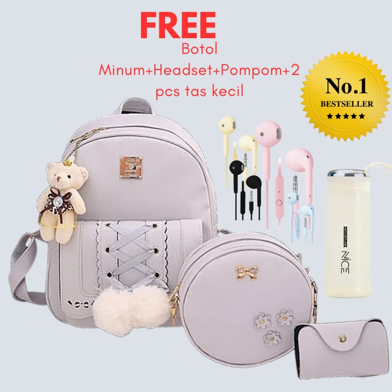 Tas Ransel Wanita New Stylish Backpack Ransel Jalan Jalan Tas Kuliah Wanita 4in1 Free Botol Minum