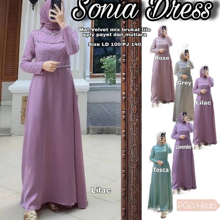 HARGA SPESIAL Sonia Dress Brukat Warna Lilac Gamis Pesta Dress Kombinasi Gaun Pesta Muslimah Mutiara