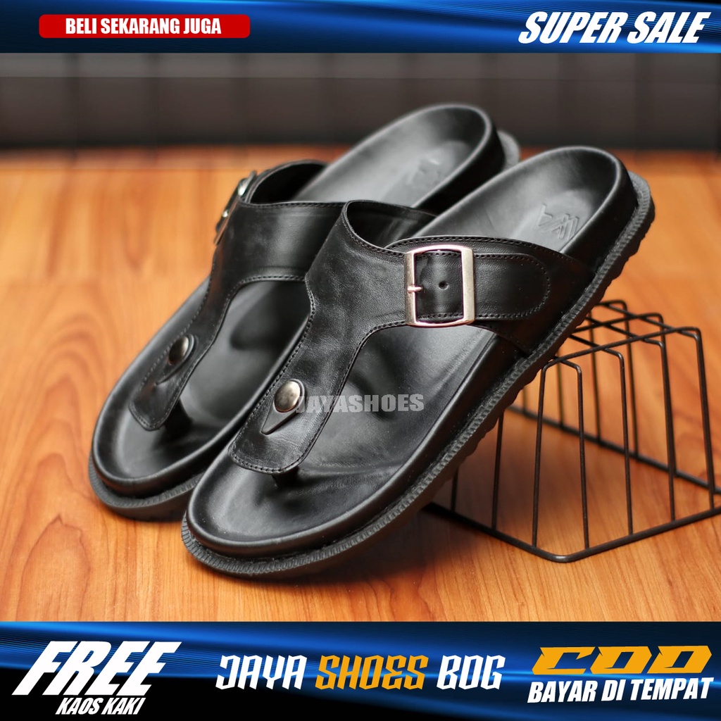 ASGAD Sendal Casual Kulit Asli Pria Hitam Original Simple Anti Slip