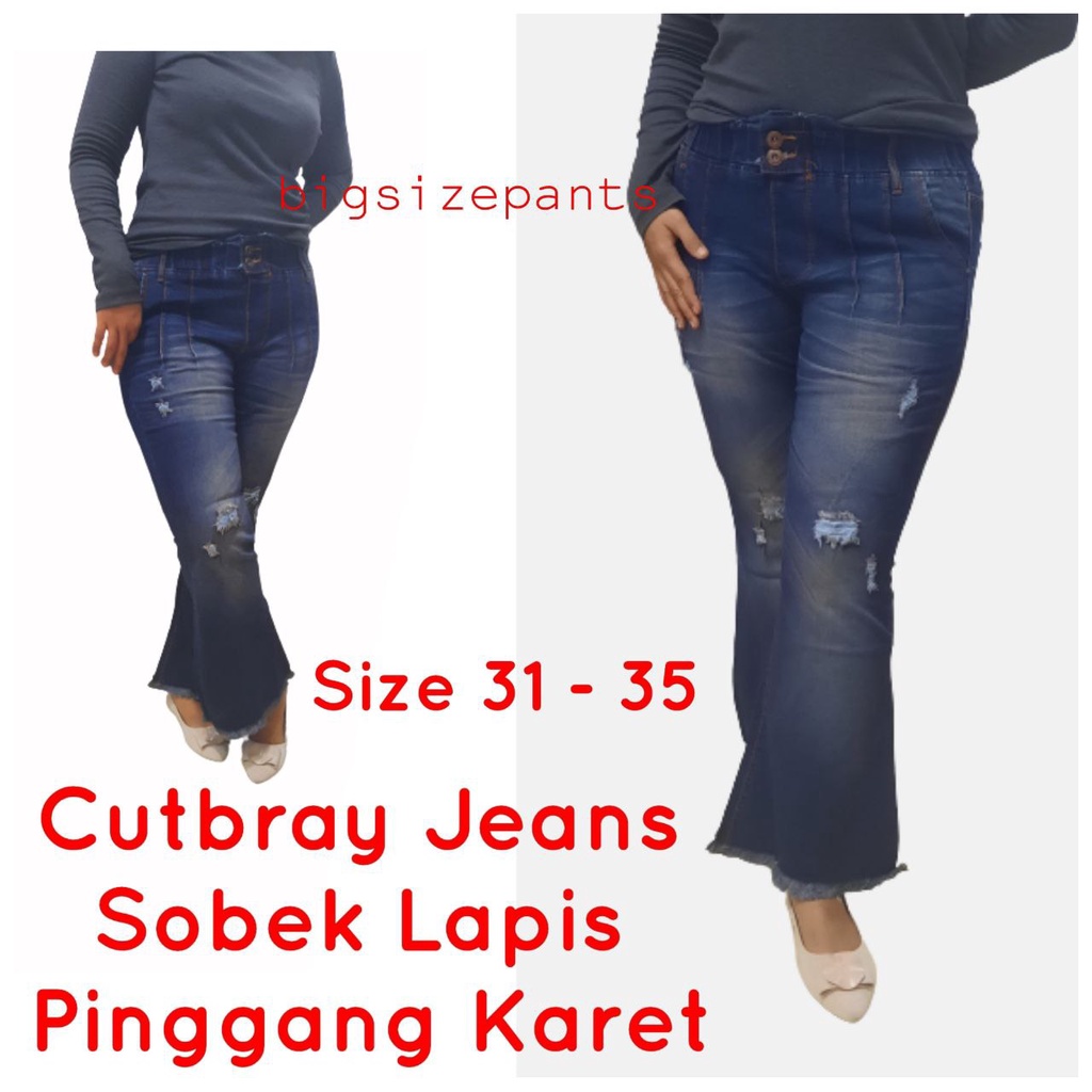 SIZE 31-35 JEANS SOBEK PINGGANG KARET CUTBRAY BULU  RUMBAI CEWEK JUMBO