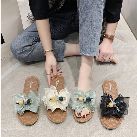 S1036 Sandal Fashion Model Pita Bunga Candy / Sandal Aksesoris Pita / Sandal Flat Wanita / Sandal Cewek