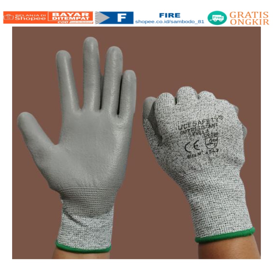 Anti Pisau Potong Anti Sayat safety Gloves Anti Pisau Potong Hand Gloves Coating Karet Warna Abu Abu Sarung Tangan Safety Kerja Kawat Besi Baja Kaca Pabrik industri Ukuran M &amp; L