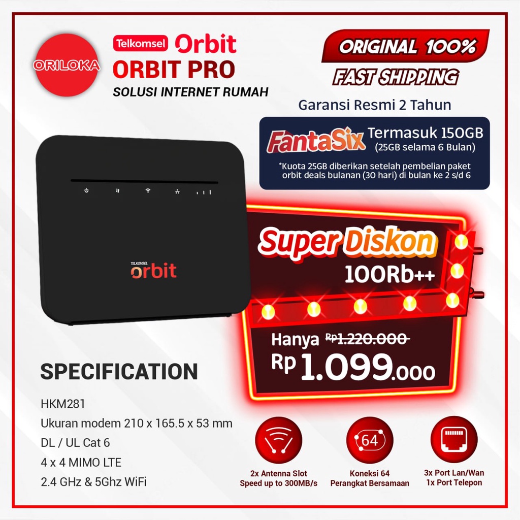 Modem Orbit Pro HKM281 Router FREE PAKET 150GB - Garansi Resmi