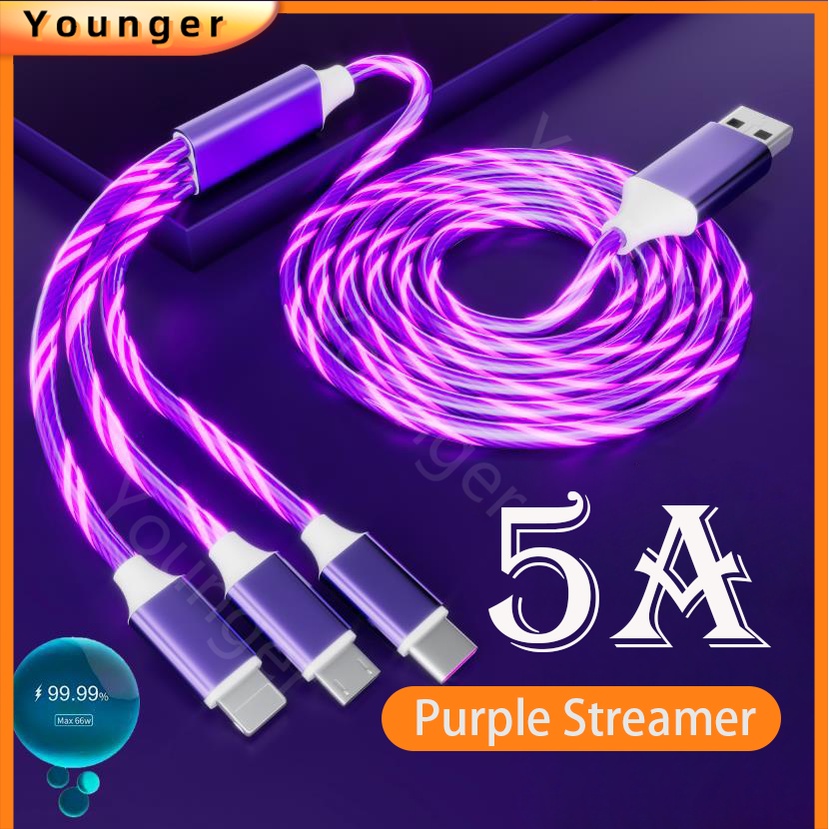 Baru Tiba 2Meter 3in1 LED Flowing Light Kabel USB 1.2M Fast Charging Car Streamer Charging Cable Kabel Data Bercahaya LED Bercahaya 5A